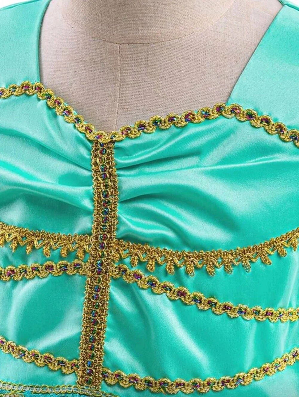Girls' Teal Princess Tulle Dress with Gold Accents